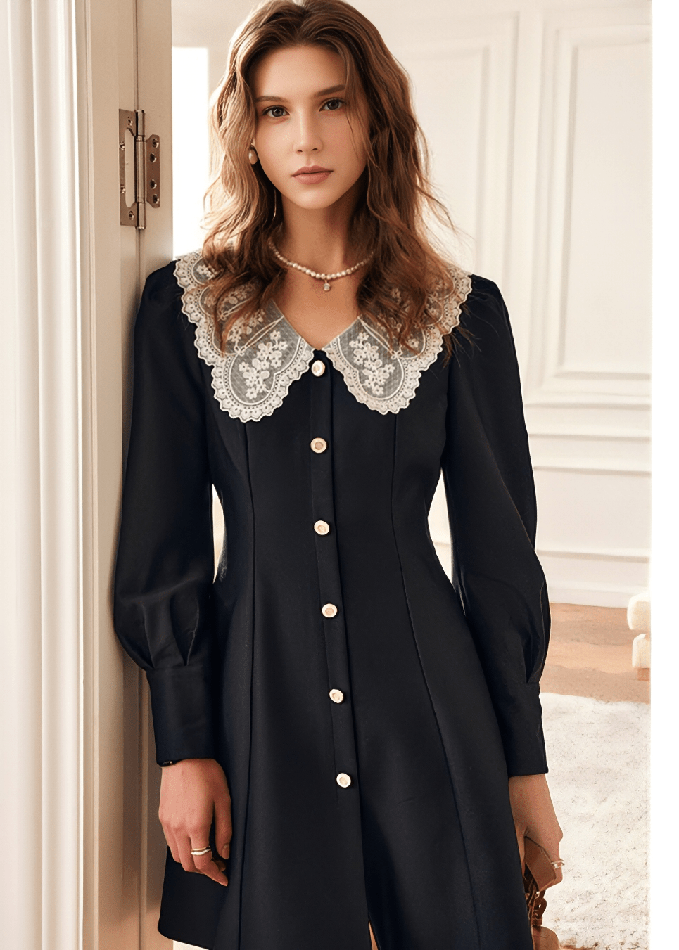 lace collar dress BUTTON THROUGH Colors:Wheat Color 2-Other up closure Formal Dresses Under $100