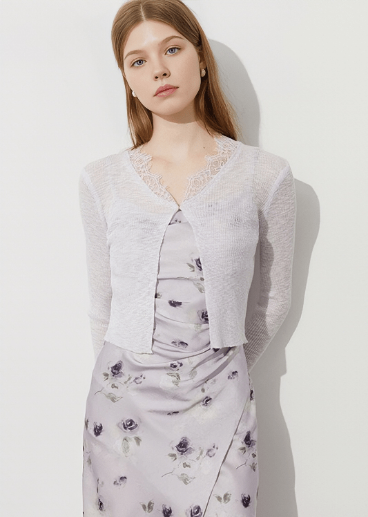 LACE TRIM CROPPED CARDIGAN - Vera Lumina