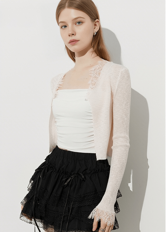 LACE TRIM CROPPED CARDIGAN - Vera Lumina