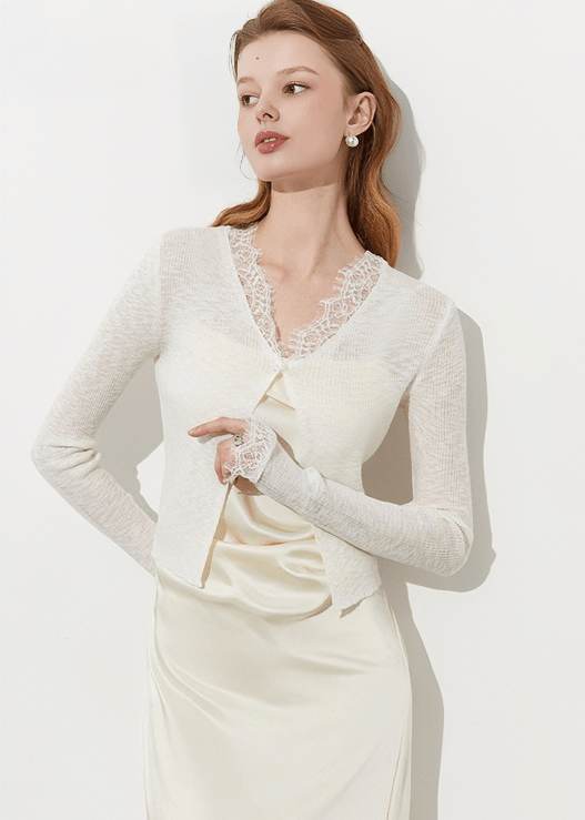 LACE TRIM CROPPED CARDIGAN - Vera Lumina