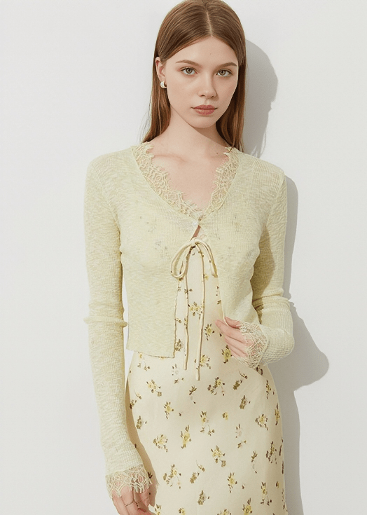 LACE TRIM CROPPED CARDIGAN - Vera Lumina