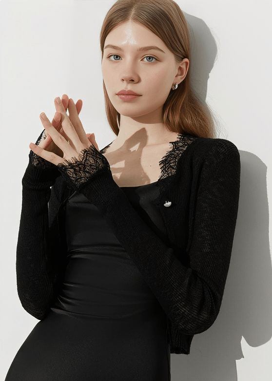 LACE TRIM CROPPED CARDIGAN - Vera Lumina