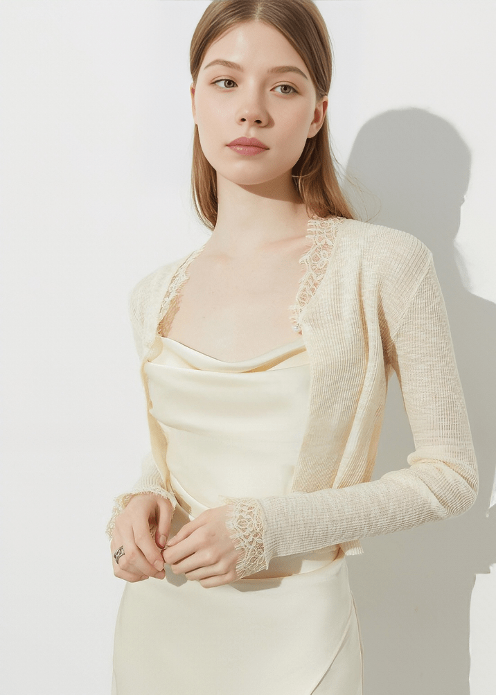 LACE TRIM CROPPED CARDIGAN - Vera Lumina