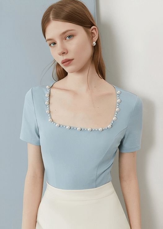 PEARL EMBELLISHED SCOOP NECK BLOUSE - Vera Lumina