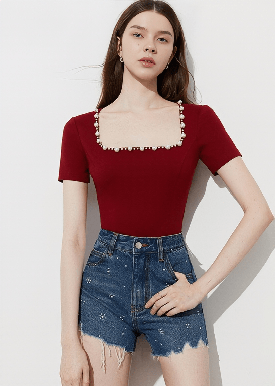 PEARL EMBELLISHED SCOOP NECK BLOUSE - Vera Lumina