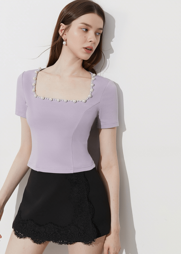 PEARL EMBELLISHED SCOOP NECK BLOUSE - Vera Lumina