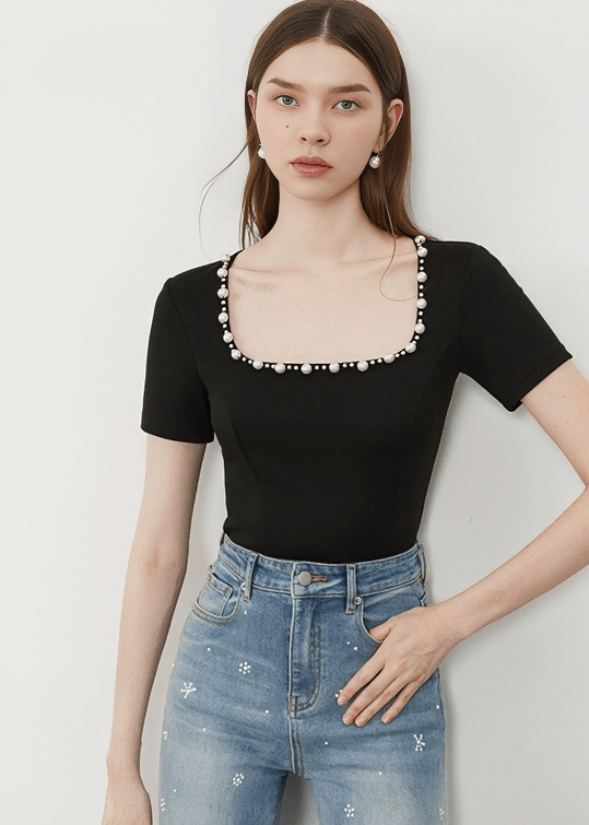 PEARL EMBELLISHED SCOOP NECK BLOUSE - Vera Lumina