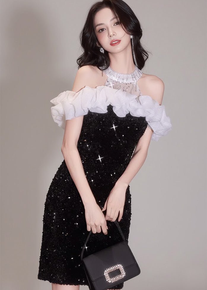 JEWELS フリルオフショルダーフリンジタイトミニドレス JEWELS フリルオフショルダーフリンジタイトミニドレス ワッフルジップ