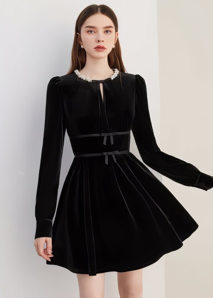 Ribbon Design Velvet Mini Dress - Vera Lumina