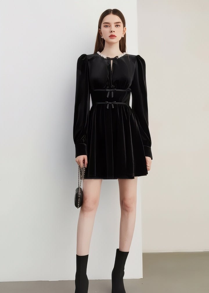 Ribbon Design Velvet Mini Dress - Vera Lumina