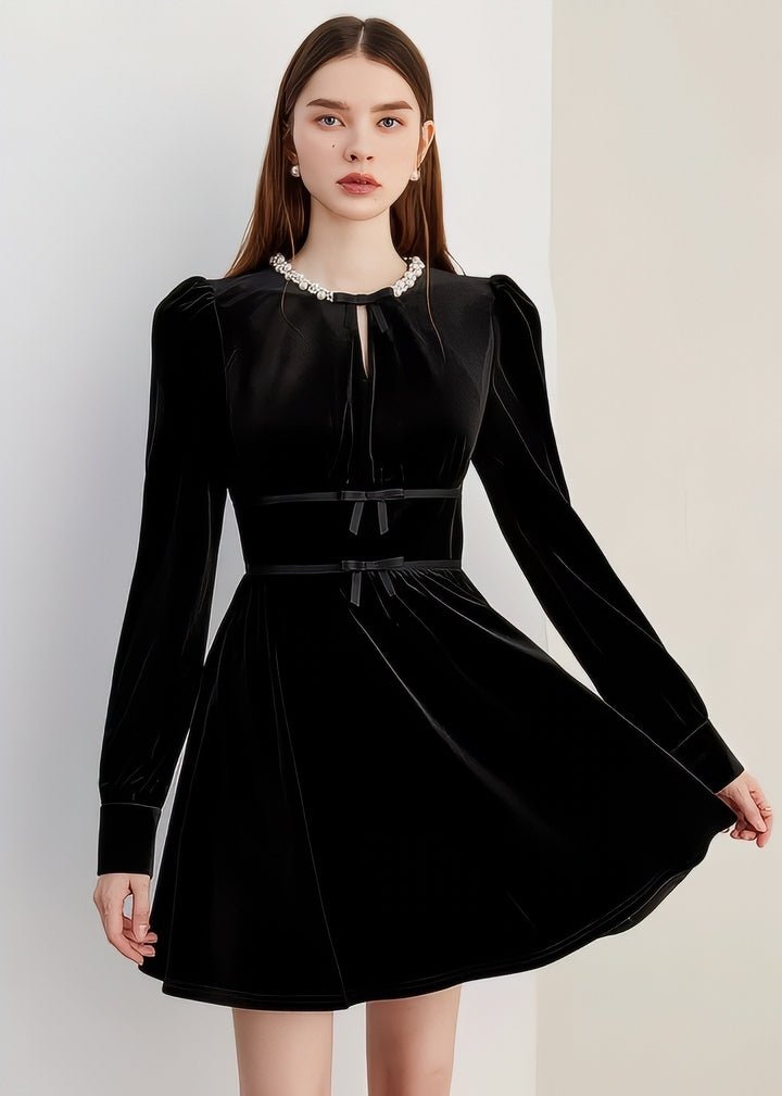 Ribbon Design Velvet Mini Dress - Vera Lumina