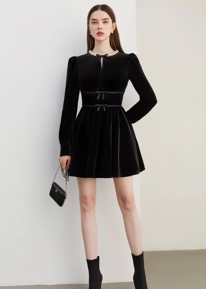 Ribbon Design Velvet Mini Dress - Vera Lumina