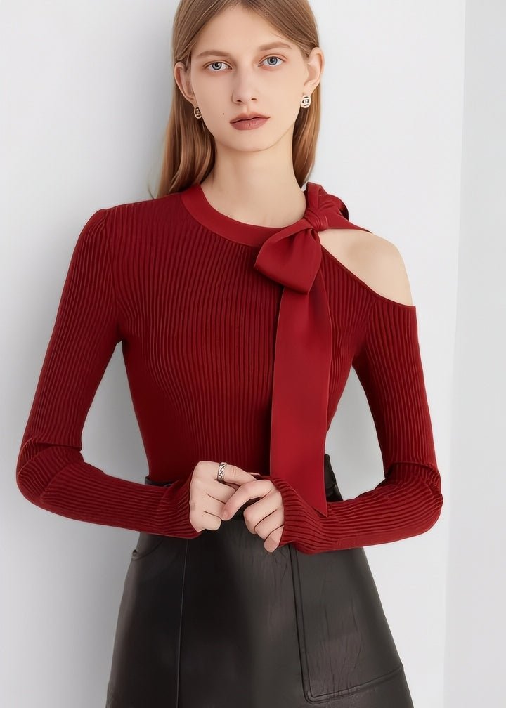 Ribbon Shoulder-Cut Ribbed Knit Top - Vera Lumina