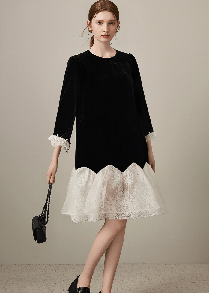 SCALLOPED LACE HEMLINE CONTRAST DRESS - Vera Lumina