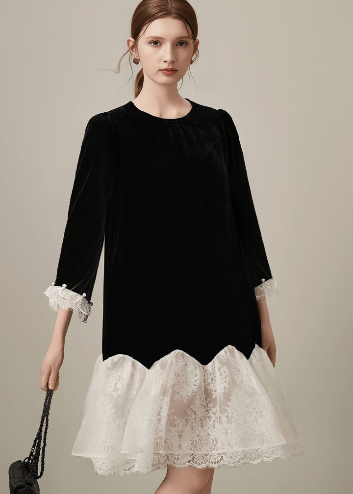 SCALLOPED LACE HEMLINE CONTRAST DRESS - Vera Lumina