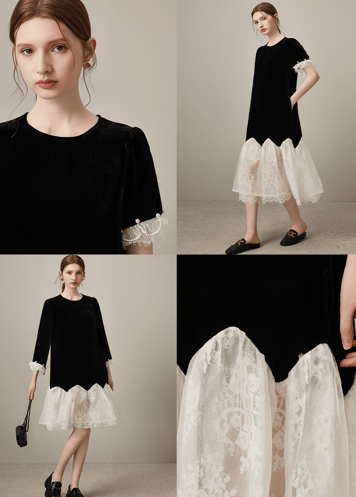 SCALLOPED LACE HEMLINE CONTRAST DRESS - Vera Lumina