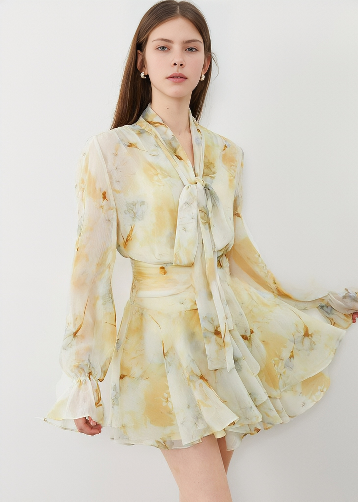 PAINTED FLORAL BOW TIER DRESS