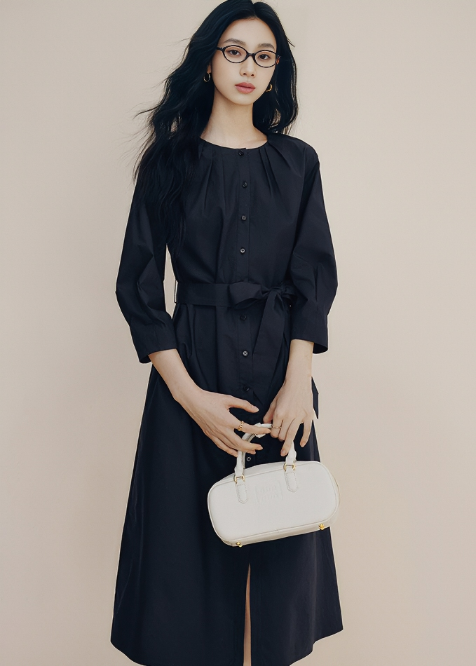 PLEATED NECKLINE BELTED SHIRT DRESS