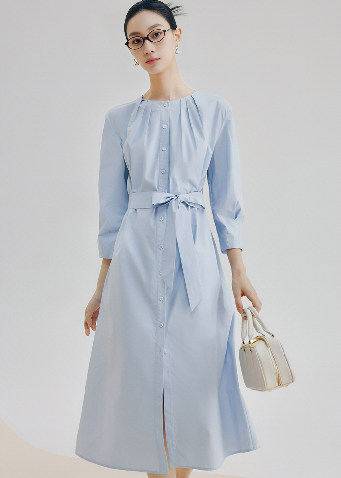 PLEATED NECKLINE BELTED SHIRT DRESS