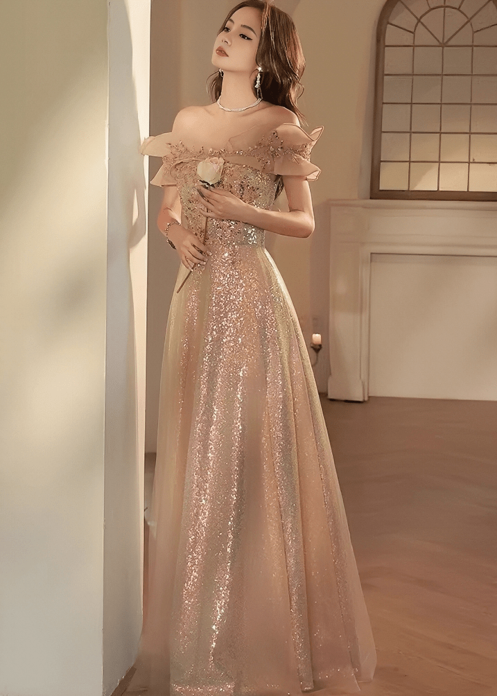 オフショルフリルビジューチュールAラインドレス - Vera Lumina