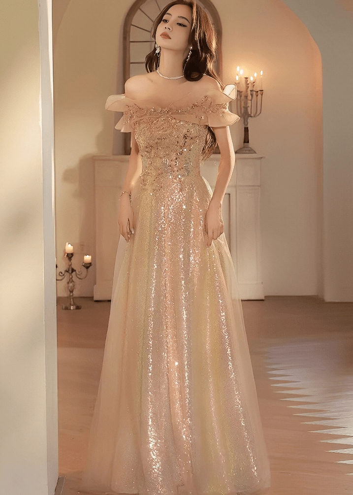 オフショルフリルビジューチュールAラインドレス - Vera Lumina