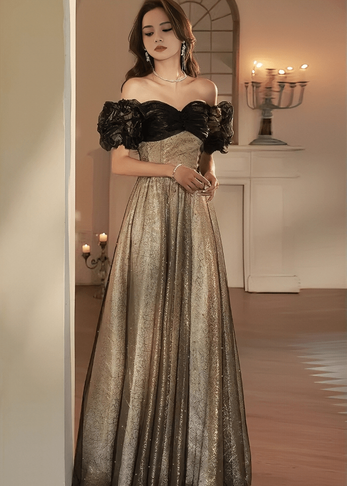 オフショルパフスリーブビジューAラインドレス - Vera Lumina