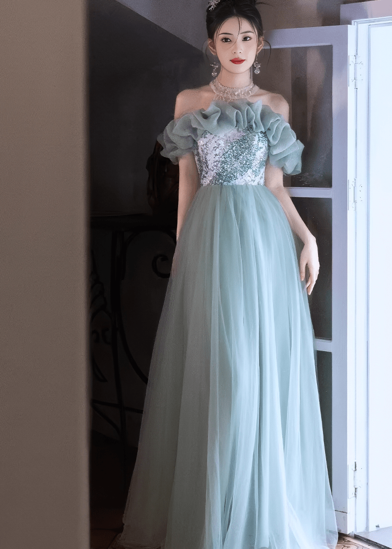 ビジューフリルオフショルダーチュールAラインドレス - Vera Lumina