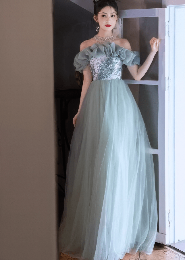 ビジューフリルオフショルダーチュールAラインドレス - Vera Lumina