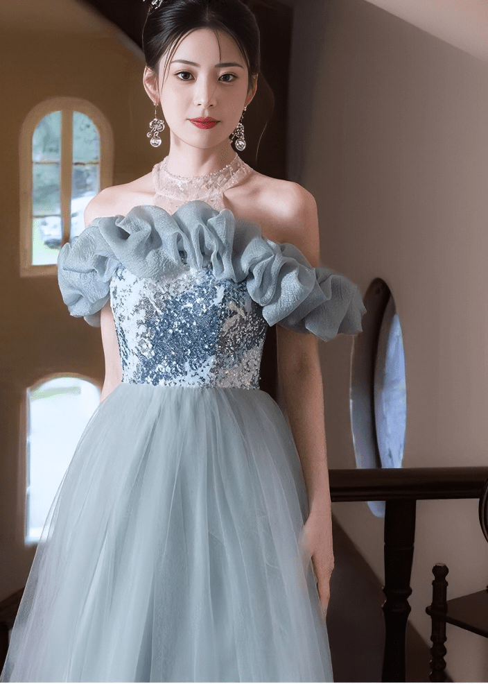 ビジューフリルオフショルダーチュールAラインドレス - Vera Lumina