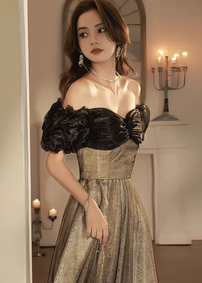 オフショルパフスリーブビジューAラインドレス - Vera Lumina