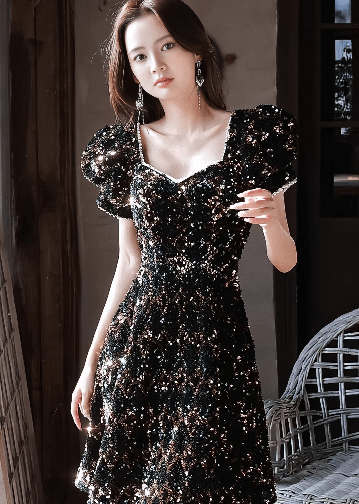 パフスリーブパールトリムビジューAラインドレス - Vera Lumina