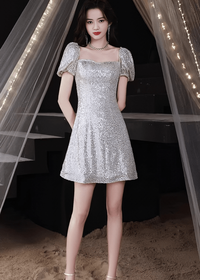 ビジューグリッターパフスリーブAラインドレス - Vera Lumina