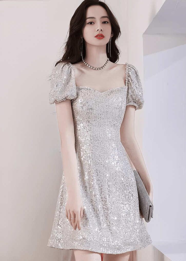 ビジューグリッターパフスリーブAラインドレス - Vera Lumina