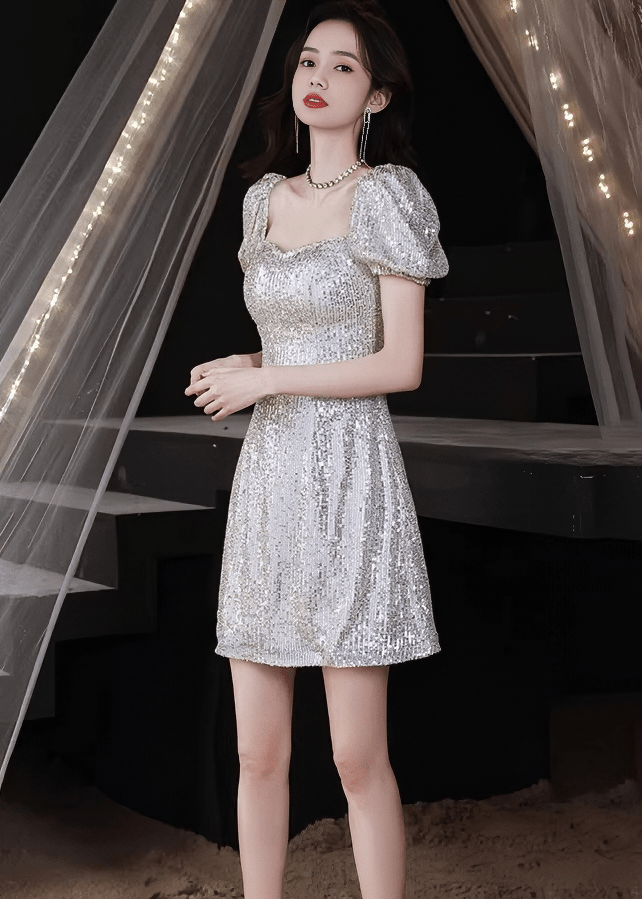 ビジューグリッターパフスリーブAラインドレス - Vera Lumina