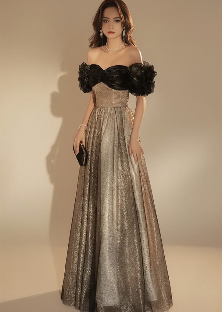 オフショルパフスリーブビジューAラインドレス - Vera Lumina