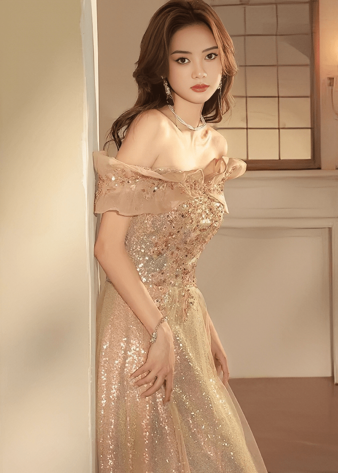 オフショルフリルビジューチュールAラインドレス - Vera Lumina