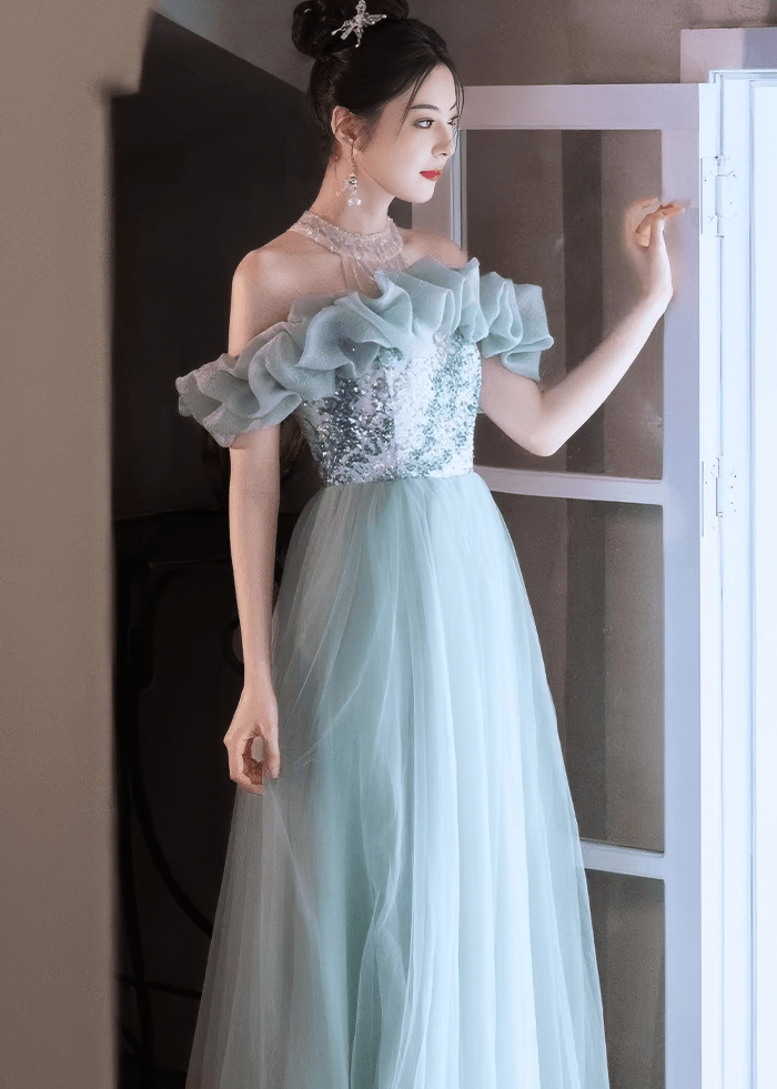 ビジューフリルオフショルダーチュールAラインドレス - Vera Lumina