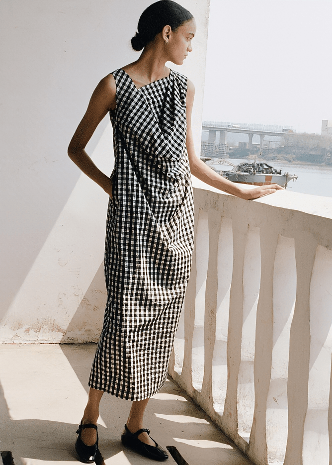 ASYMMETRIC DRAPED GINGHAM MIDI DRESS - Vera Lumina