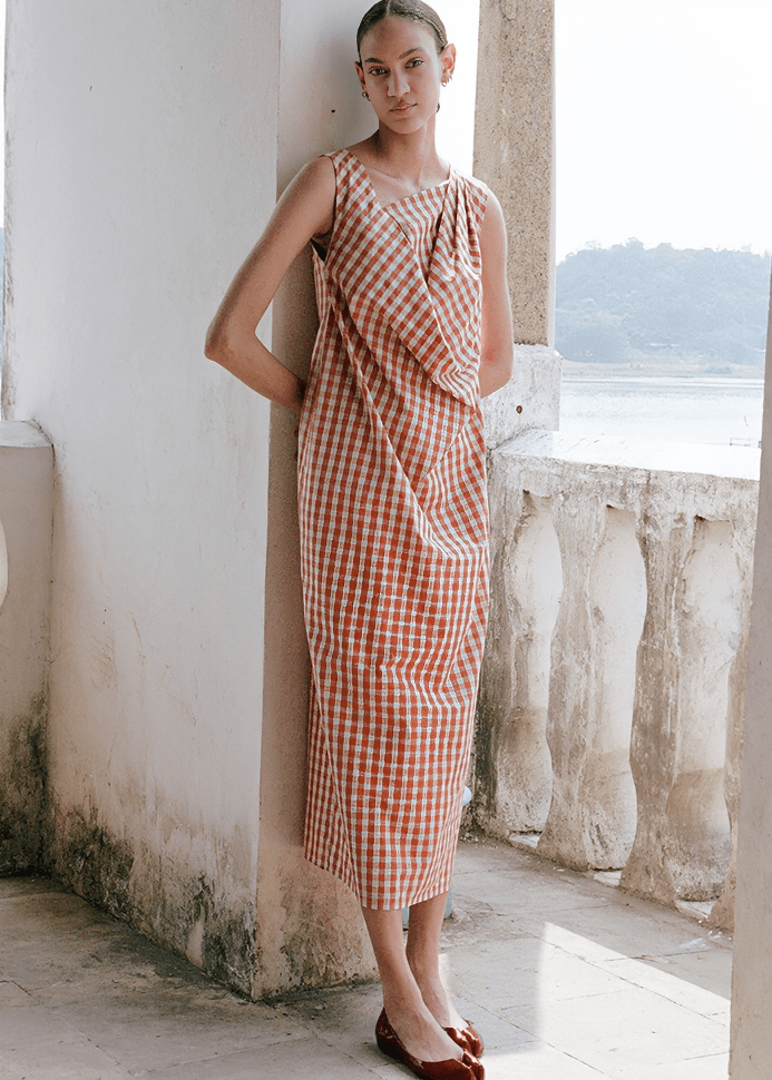 ASYMMETRIC DRAPED GINGHAM MIDI DRESS - Vera Lumina