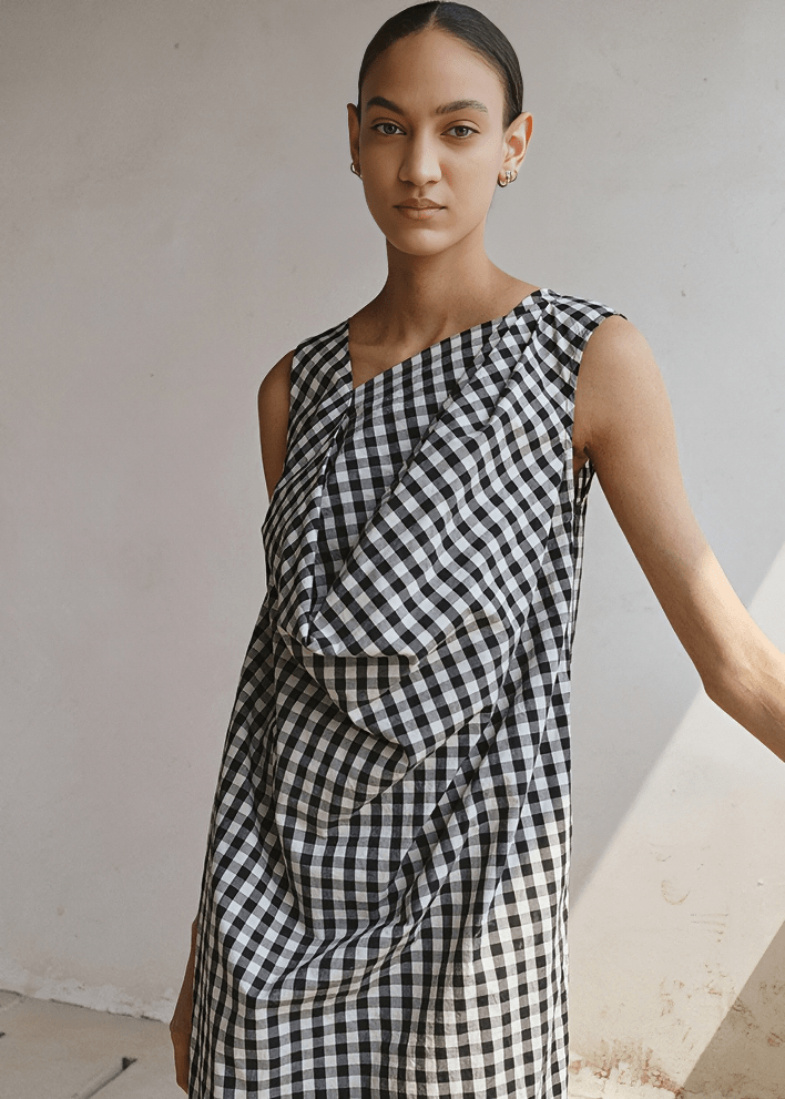 ASYMMETRIC DRAPED GINGHAM MIDI DRESS - Vera Lumina