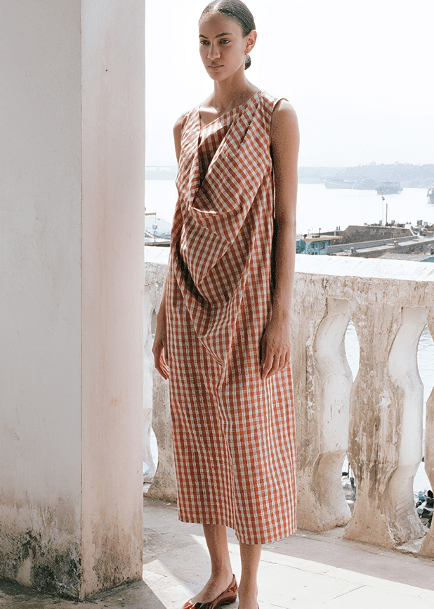 ASYMMETRIC DRAPED GINGHAM MIDI DRESS - Vera Lumina