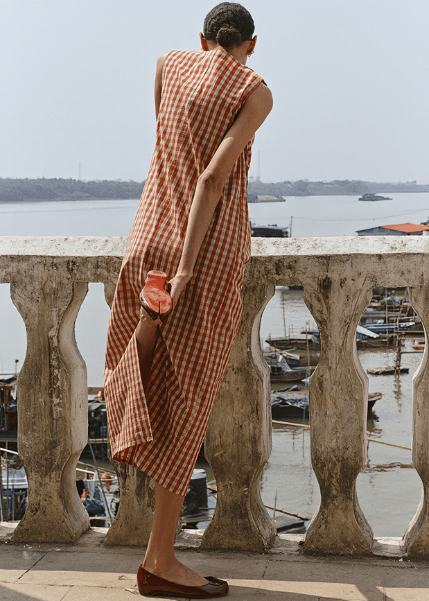 ASYMMETRIC DRAPED GINGHAM MIDI DRESS - Vera Lumina