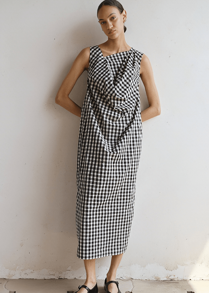 ASYMMETRIC DRAPED GINGHAM MIDI DRESS - Vera Lumina
