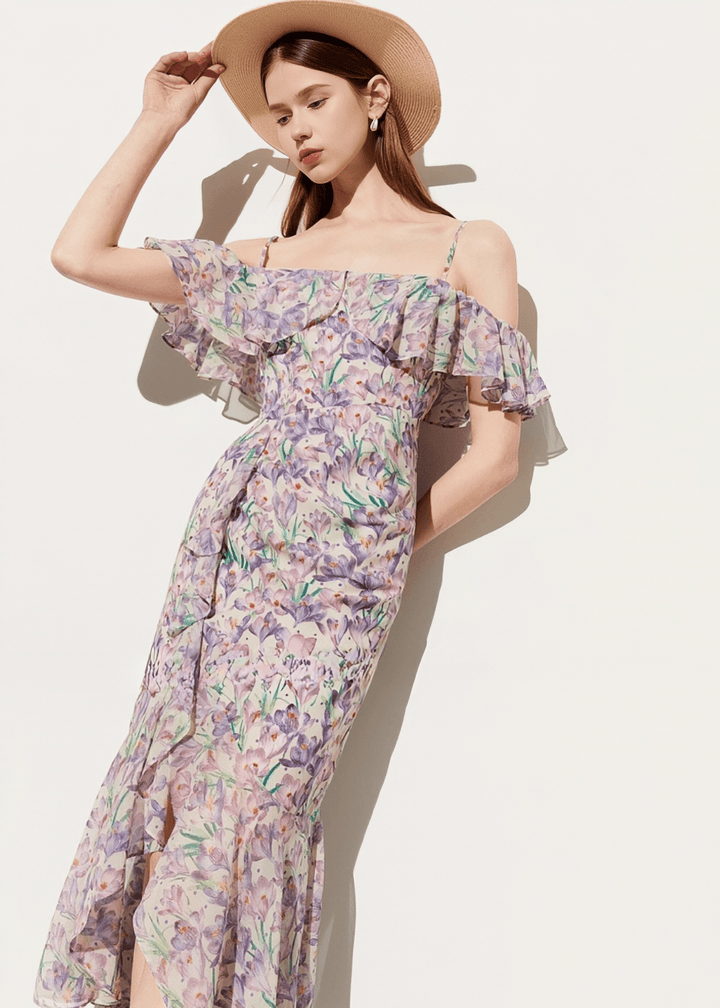ASYMMETRIC RUFFLE BOTANICAL DRESS - Vera Lumina