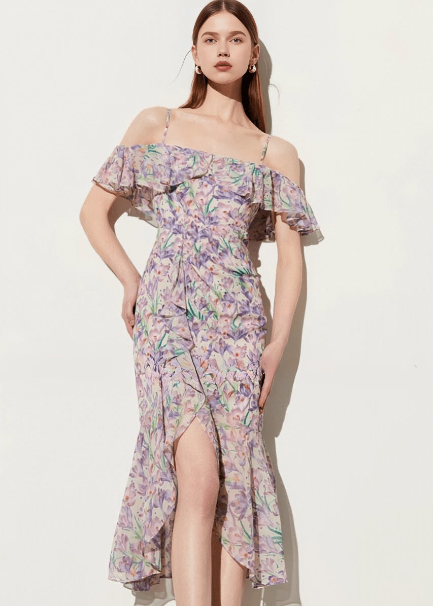 ASYMMETRIC RUFFLE BOTANICAL DRESS - Vera Lumina