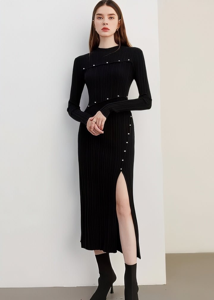 Asymmetric Slit Tight Ribbed Knit Dress - Vera Lumina