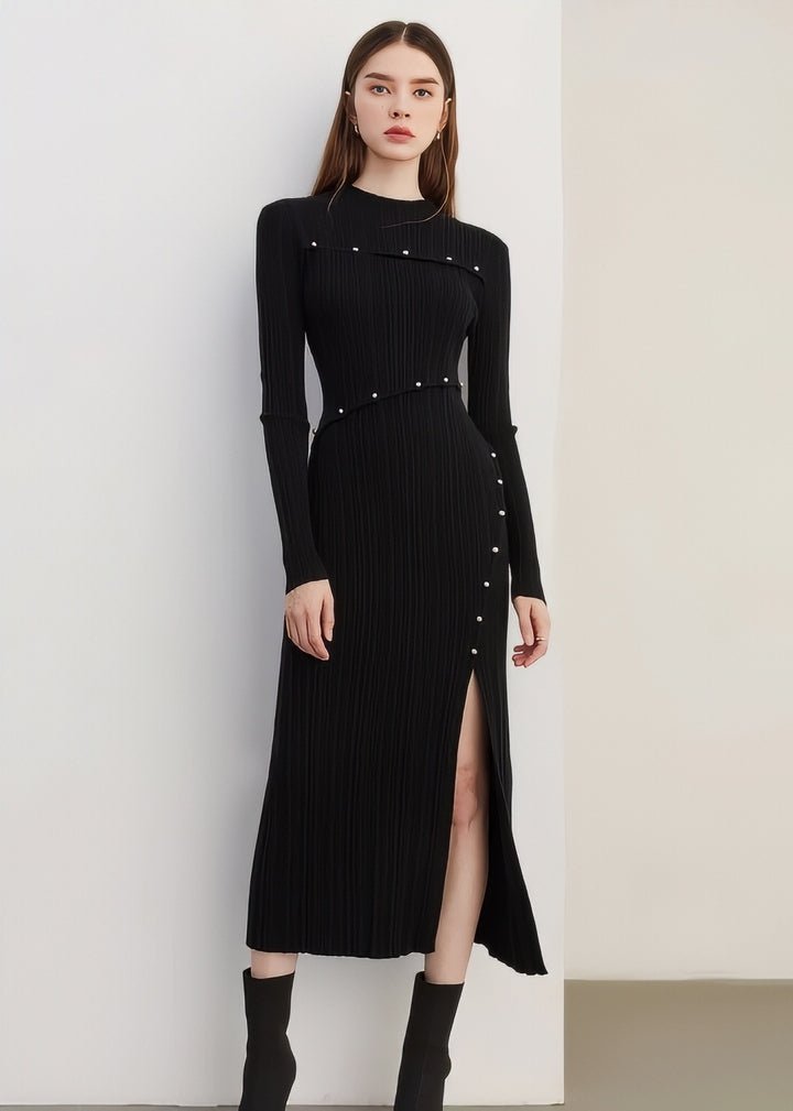 Asymmetric Slit Tight Ribbed Knit Dress - Vera Lumina