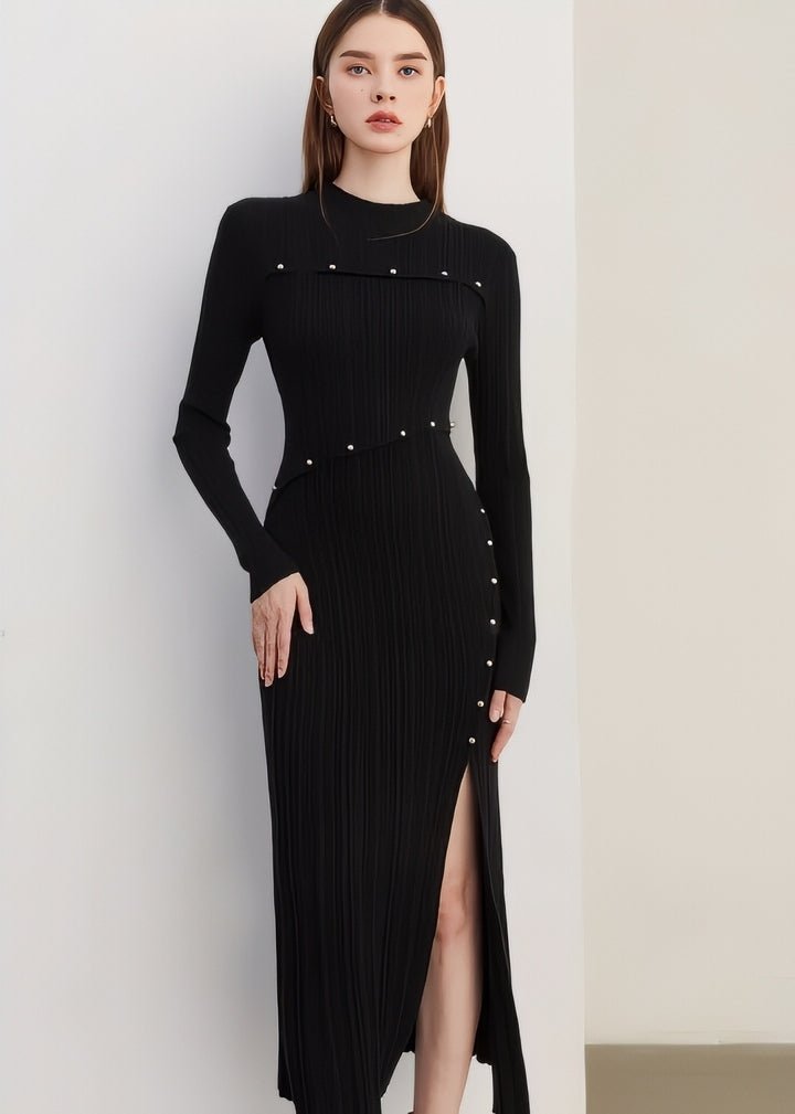 Asymmetric Slit Tight Ribbed Knit Dress - Vera Lumina