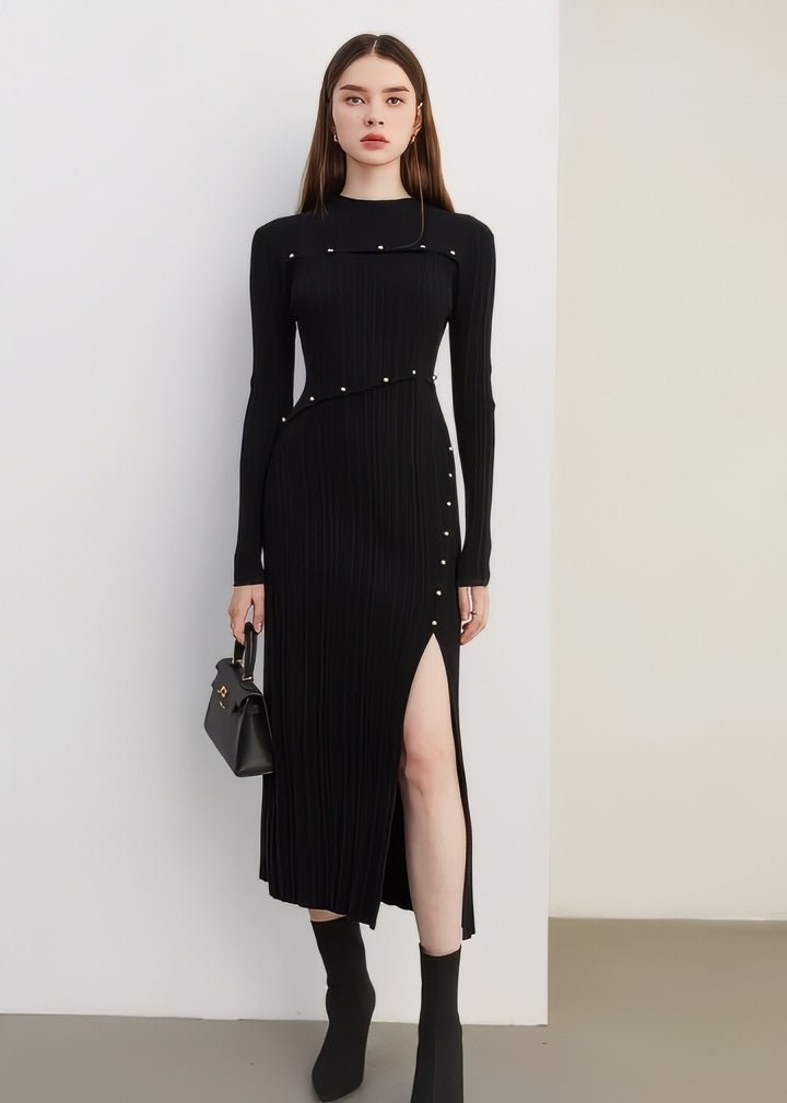 Asymmetric Slit Tight Ribbed Knit Dress - Vera Lumina