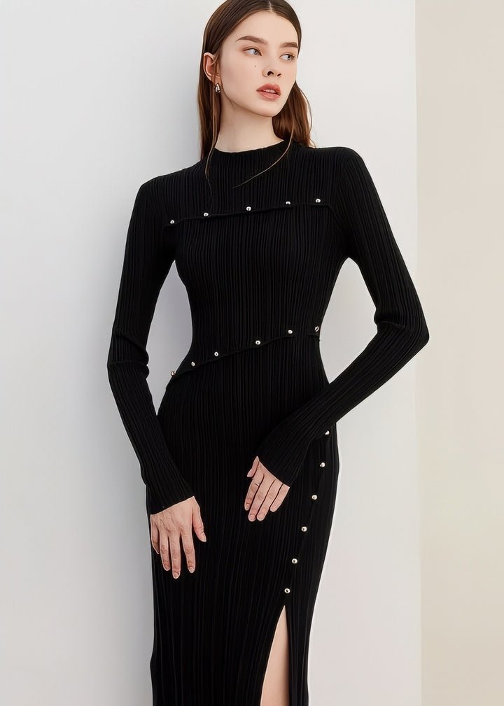 Asymmetric Slit Tight Ribbed Knit Dress - Vera Lumina